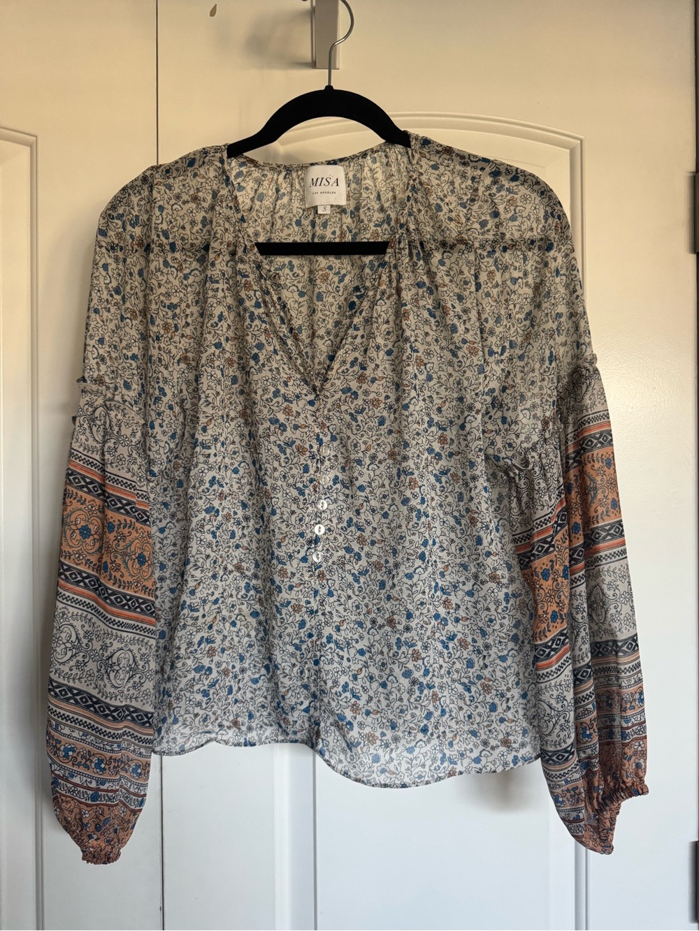 MISA Los Angeles Blue Floral & Paisley Sheer Blouse size S